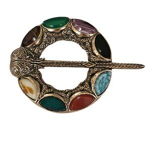 Miracle Multi Color Glass Stone Celtic Cloak Brooch Pin, Signed L296